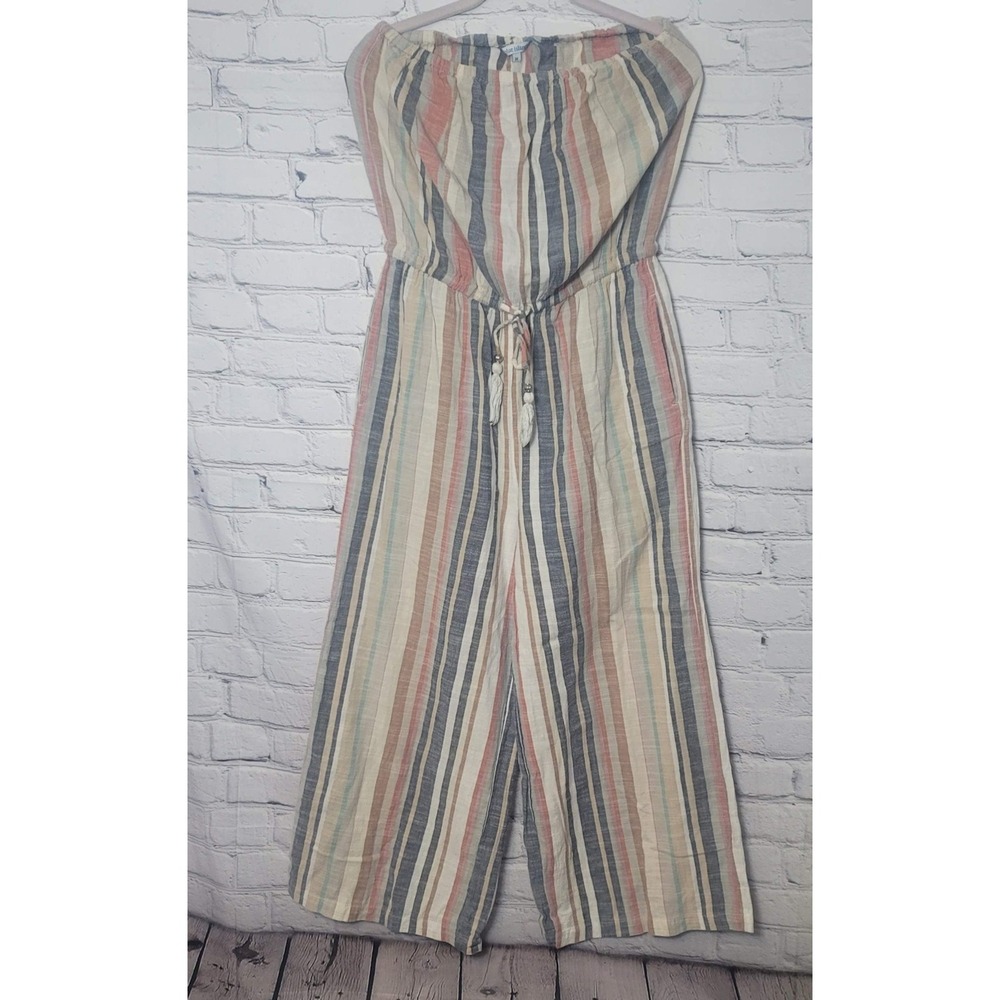 Blue Island Strapless Cotton Striped Jumpsuit Wide Leg Multi Color M Boho Vaca